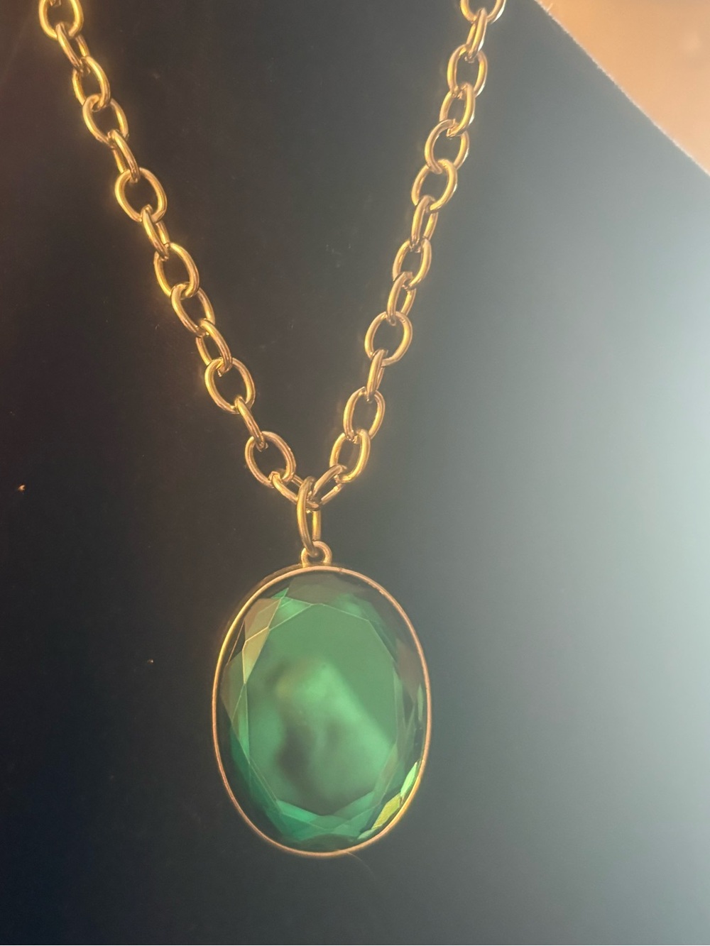 Silvertone Chain Necklace with Green Faceted Pendant